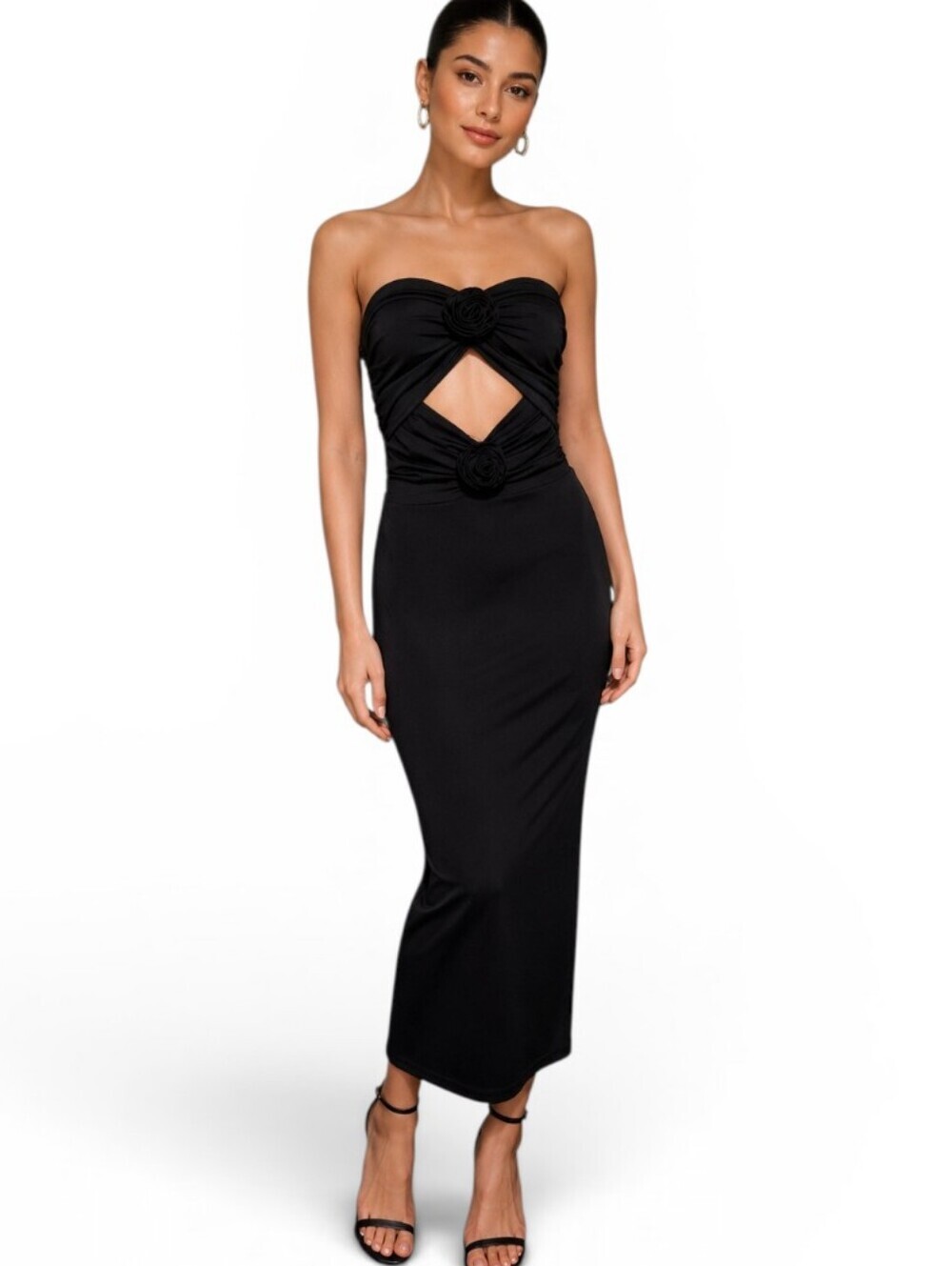 Torn by Ronny Kobo “Selena” Strapless Cutout Midi Dress in classic black. Size S
